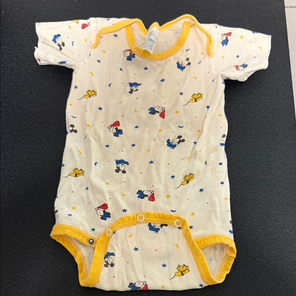 Disney Baby White Onesie with Yellow Trim and Multicolor Mickey Print 1980’s